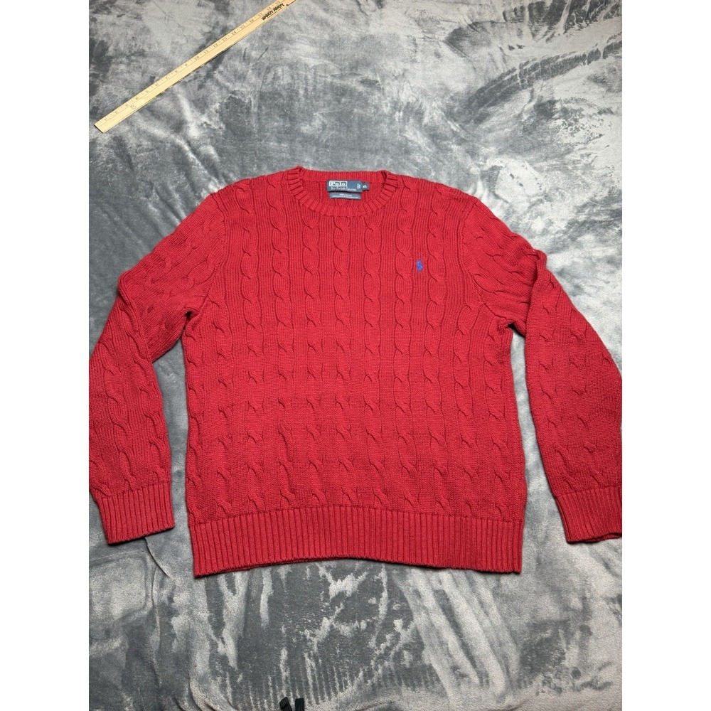 VTG Polo Ralph Lauren Cable Knit Sweater Men Red Size XL Cotton Crewneck